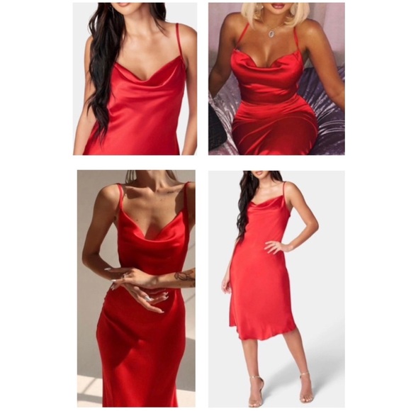 Bebe Y2K-Inspired Red Satin Cowl Neck Midi Slip Dress Size Medium NEW - Picture 7 of 15